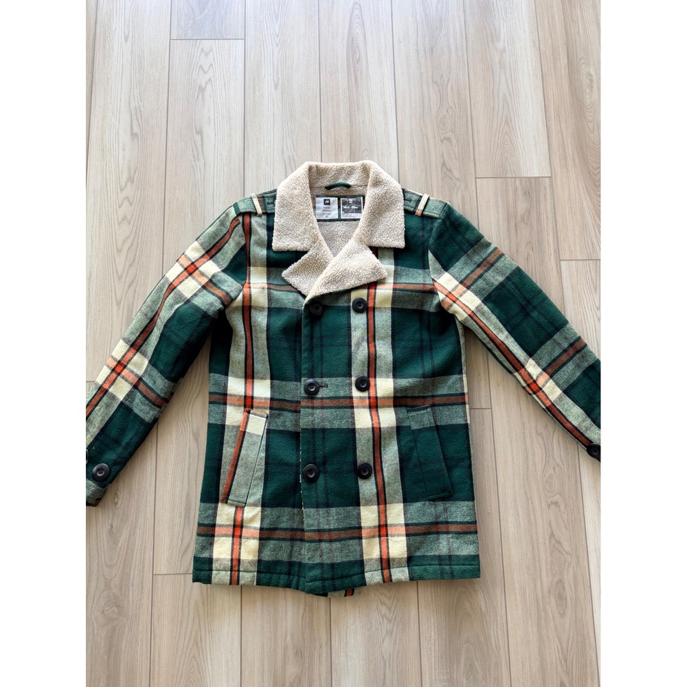 Analog Plaid Pea Coat Mens L Green Orange Sherpa Collar Double Breasted Jacket
